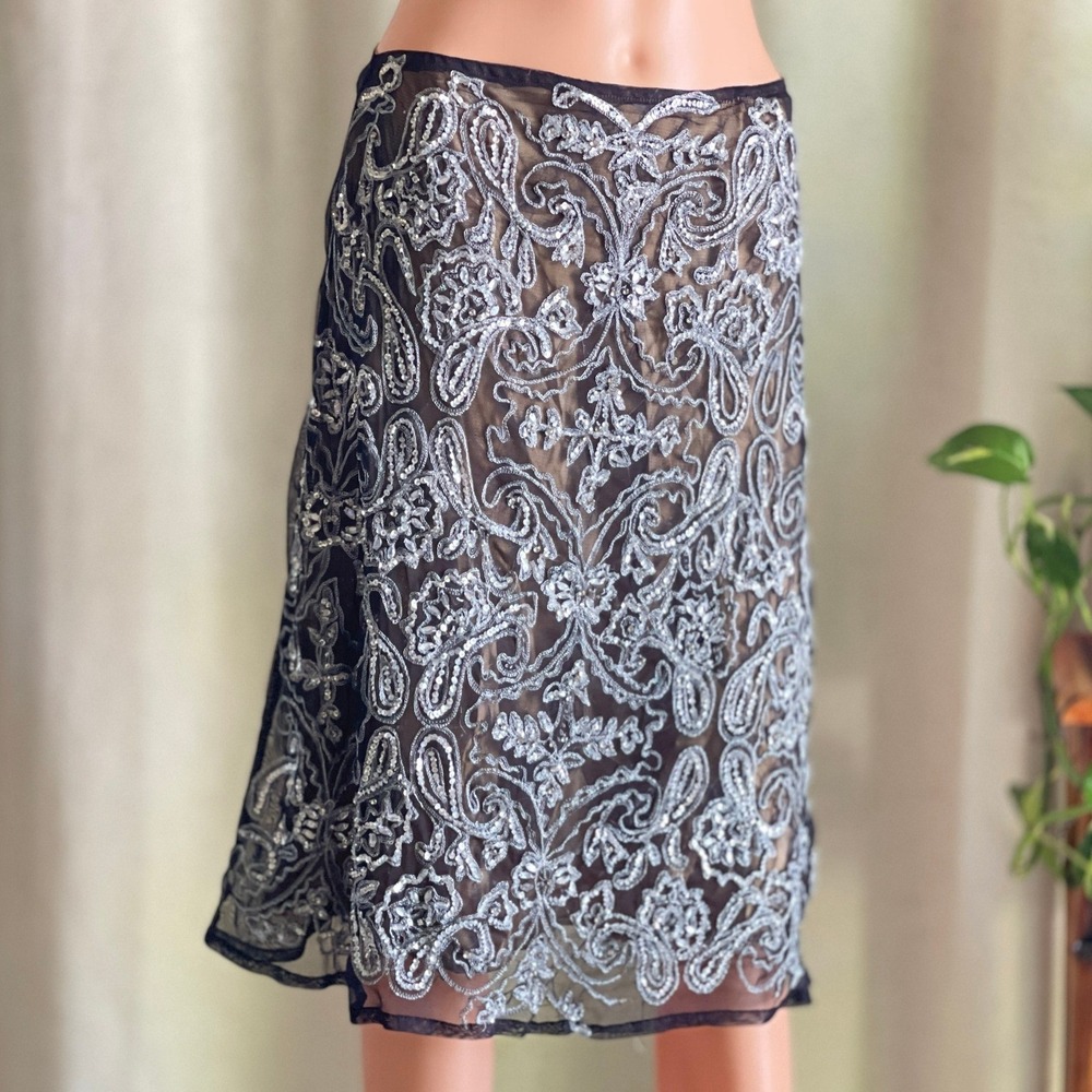 Akira Silver Sequin Mesh Paisley Midi Skirt Black Gatsby Art Deco Glam Sparkly S